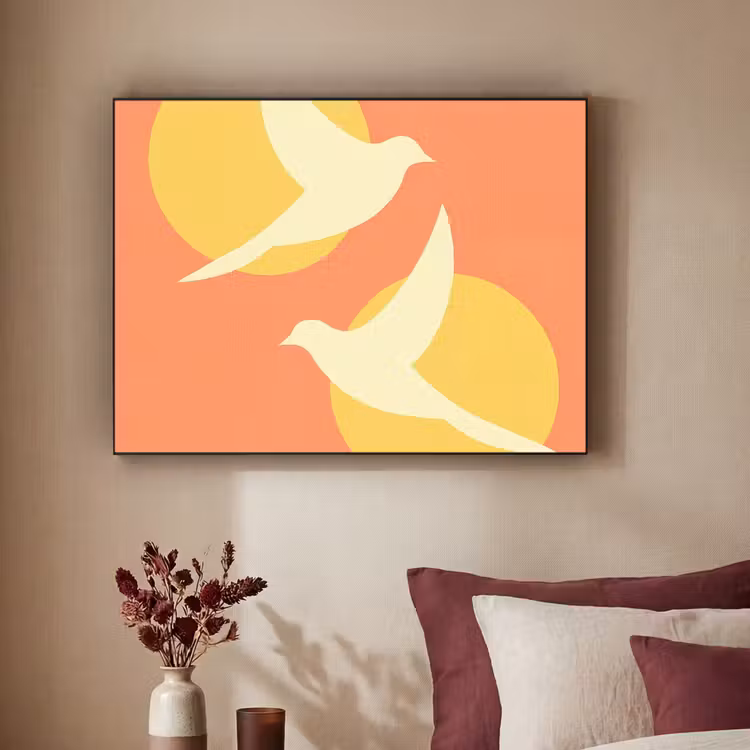 Vogels - Cirkels - Geel Textielframe zwart klein -sfeer1