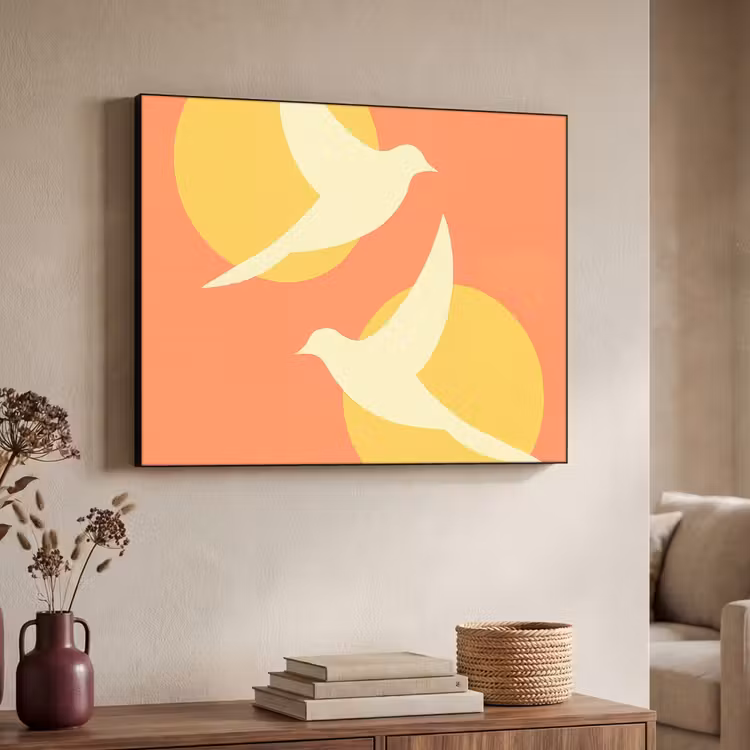 Vogels - Cirkels - Geel Textielframe zwart klein -sfeer3