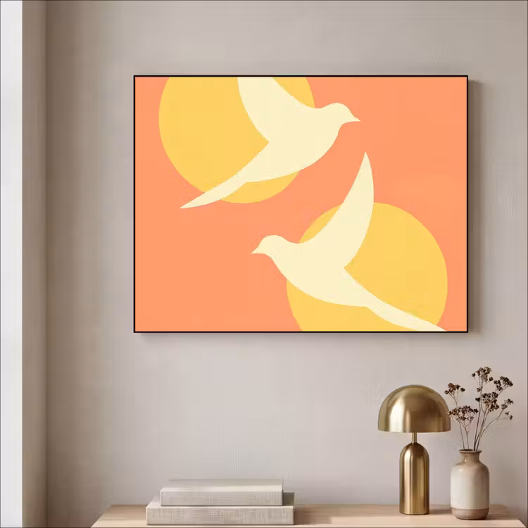 Vogels - Cirkels - Geel Textielframe zwart klein -sfeer2