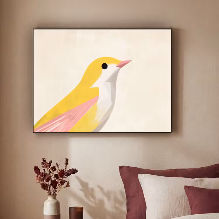 Vogel - Minimalistisch - Geel Textielframe zwart klein -sfeer1