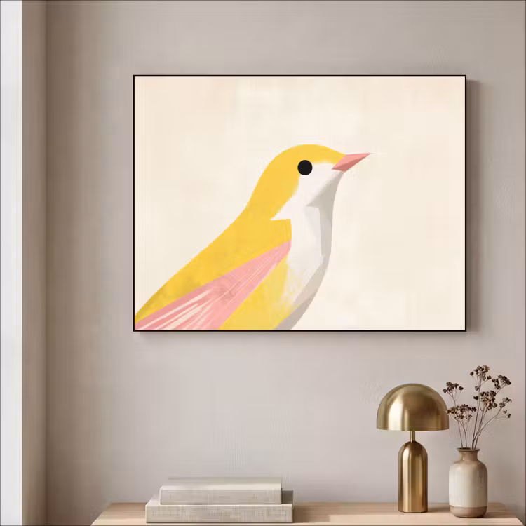 Vogel - Minimalistisch - Geel Textielframe zwart klein -sfeer2