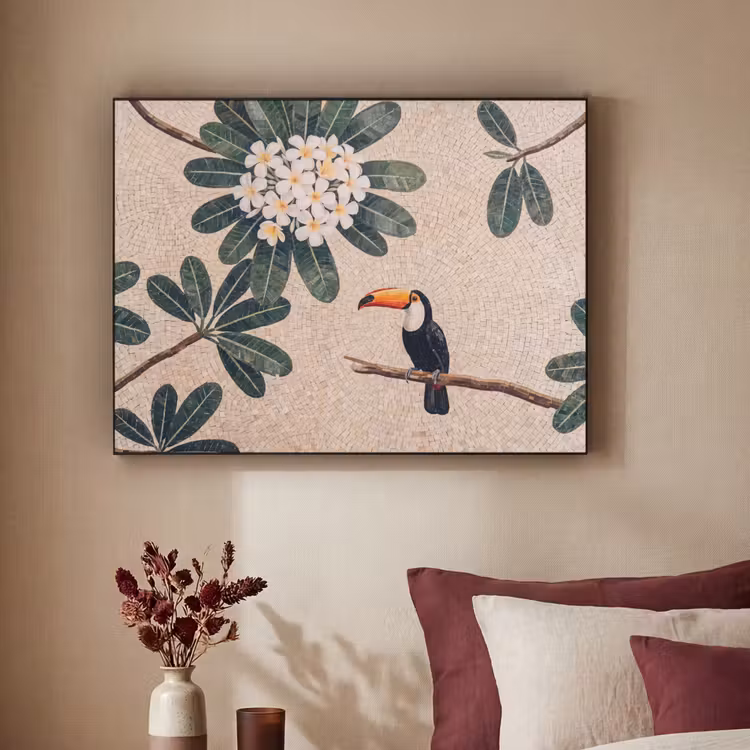 Vogel - Mozaïek - Tropisch - Natuur - Kleurrijk Textielframe zwart klein -sfeer1