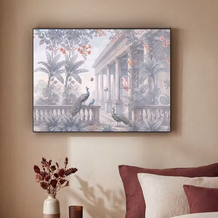 Vogel - Pauw - Architectuur - Klassiek - Groen Textielframe zwart klein -sfeer1