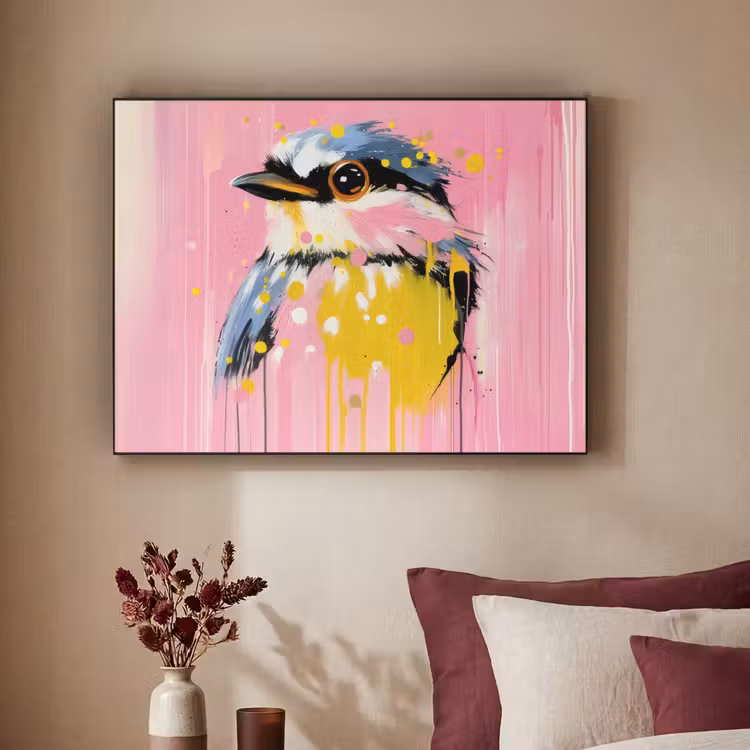 Vogel - Roze - Geel - Blauw Textielframe zwart klein -sfeer1