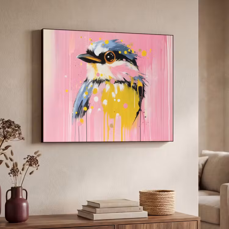 Vogel - Roze - Geel - Blauw Textielframe - compleet frame klein -sfeer3