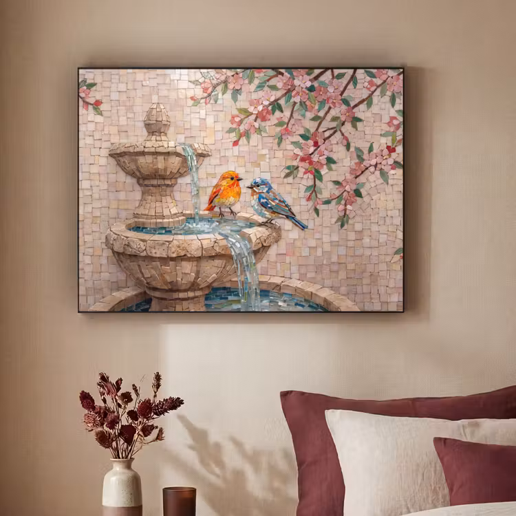 Vogel - fontein - mozaiek - kleurrijk - dieren Textielframe zwart klein -sfeer1
