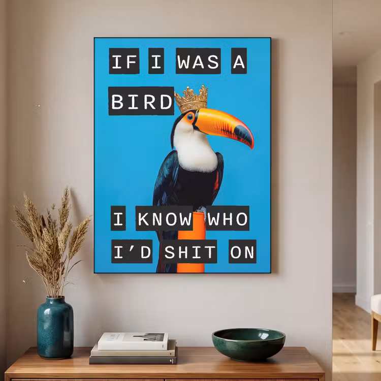 Vogel - Toekan - Blauw - Quotes Textielframe zwart klein -sfeer1