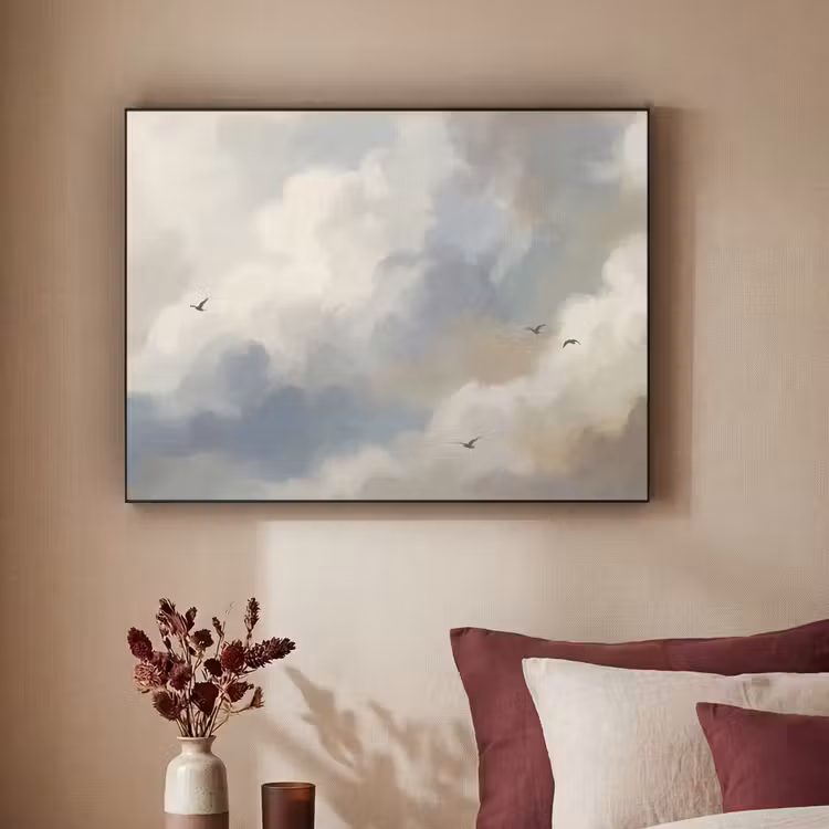 Vogel - Wolken - Natuur - Modern - Grijs Textielframe zwart klein -sfeer1