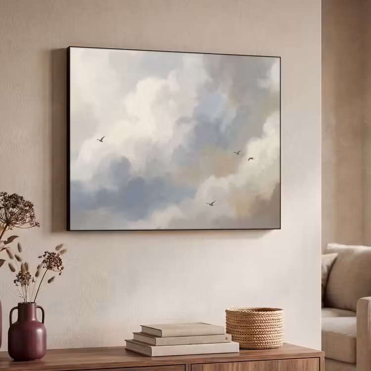 Vogel - Wolken - Natuur - Modern - Grijs Textielframe zwart klein -sfeer3