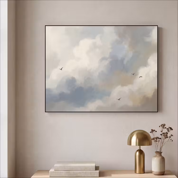 Vogel - Wolken - Natuur - Modern - Grijs Textielframe zwart klein -sfeer2