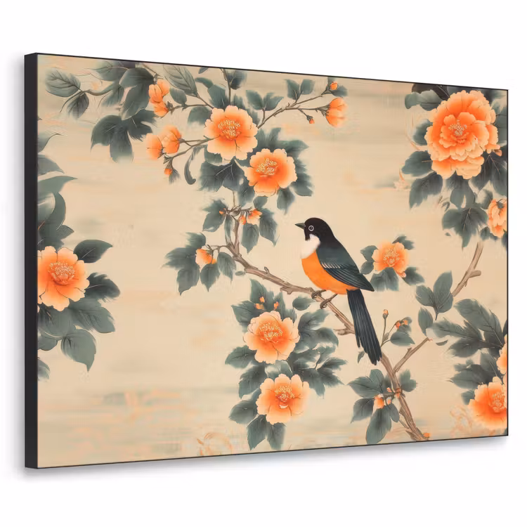 Vogel - Tak - Bloemen - Oranje Textielframe zwart klein -3d