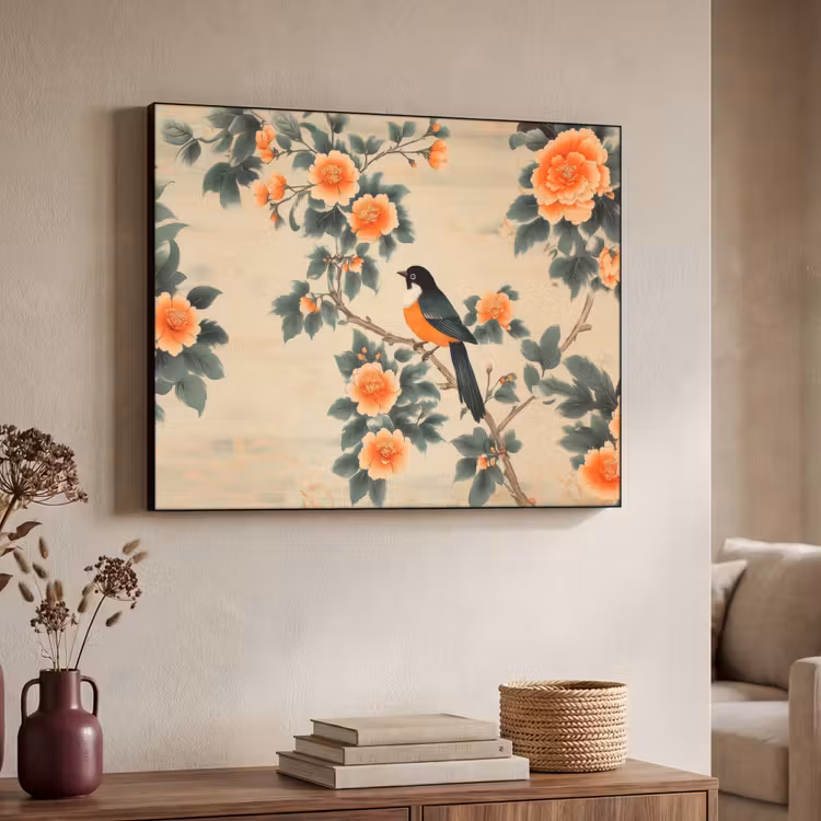 Vogel - Tak - Bloemen - Oranje Textielframe - compleet frame klein -sfeer3