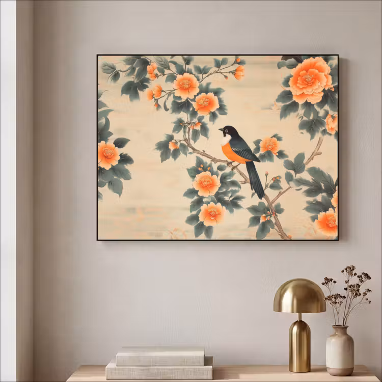 Vogel - Tak - Bloemen - Oranje Textielframe - compleet frame klein -sfeer2