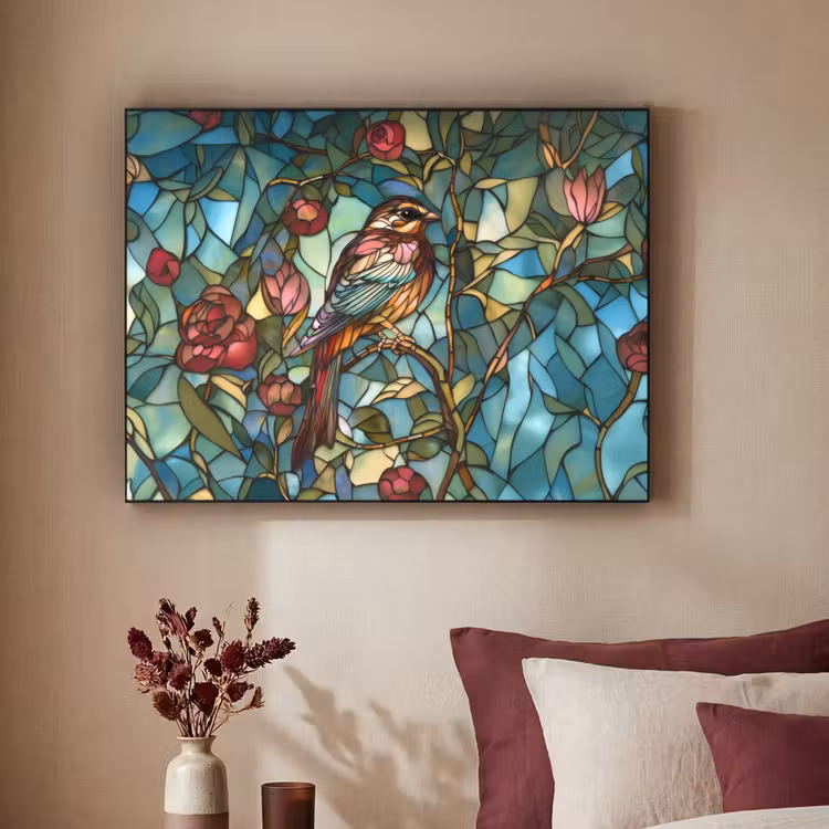 Vogel - Tak - Rozen - Mozaïek Textielframe - compleet frame klein -sfeer1