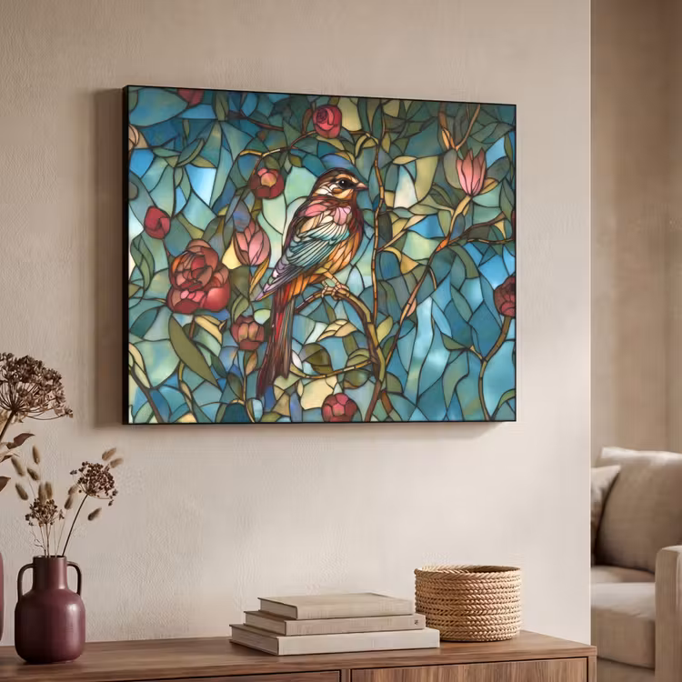 Vogel - Tak - Rozen - Mozaïek Textielframe - compleet frame klein -sfeer3