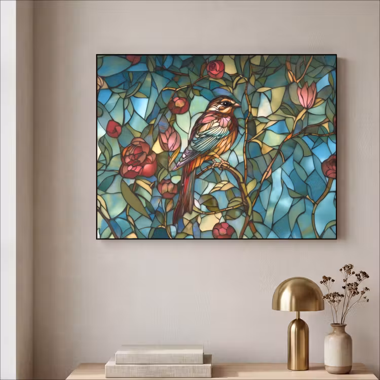 Vogel - Tak - Rozen - Mozaïek Textielframe - compleet frame klein -sfeer2