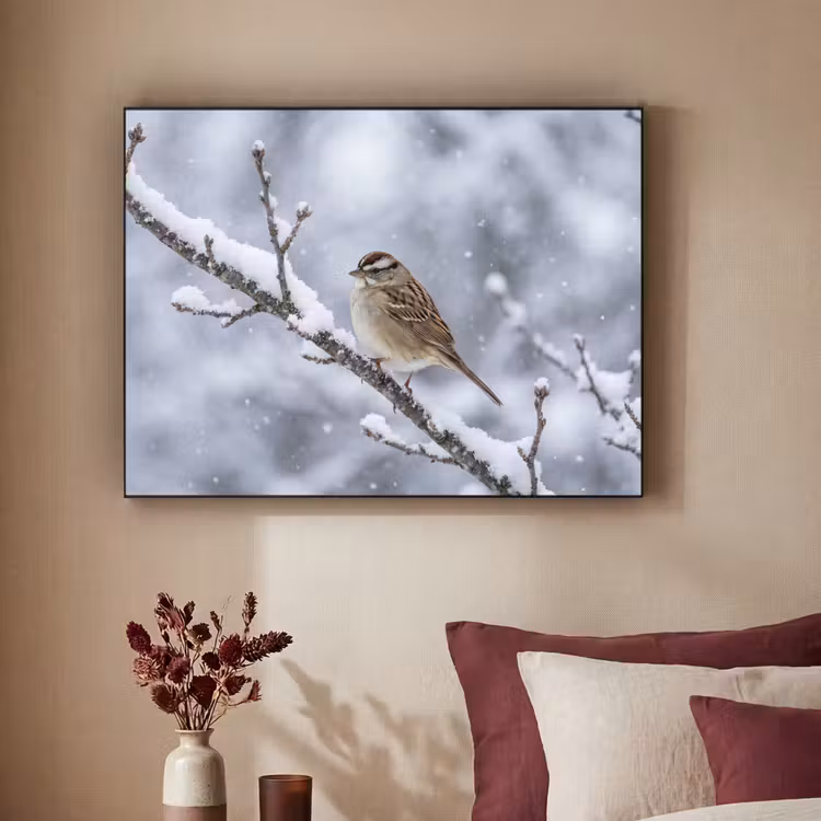 Vogel - Tak - Sneeuw - Winter Textielframe zwart klein -sfeer1
