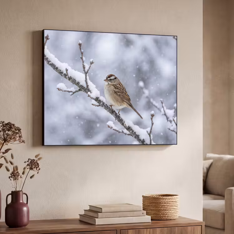 Vogel - Tak - Sneeuw - Winter Textielframe zwart klein -sfeer3