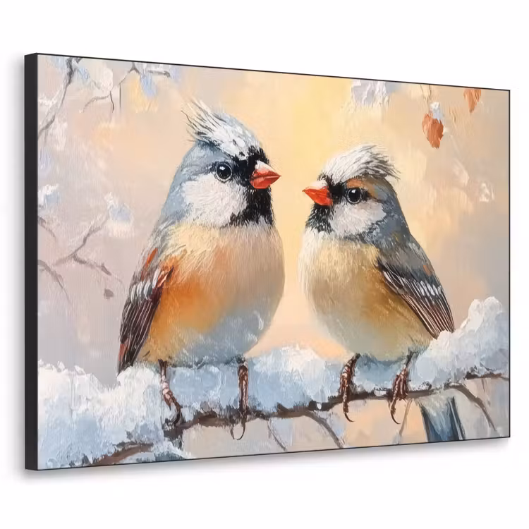 Vogels - Tak - Winter - Sneeuw Textielframe zwart klein -3d