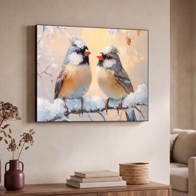 Vogels - Tak - Winter - Sneeuw Textielframe - compleet frame klein -sfeer3