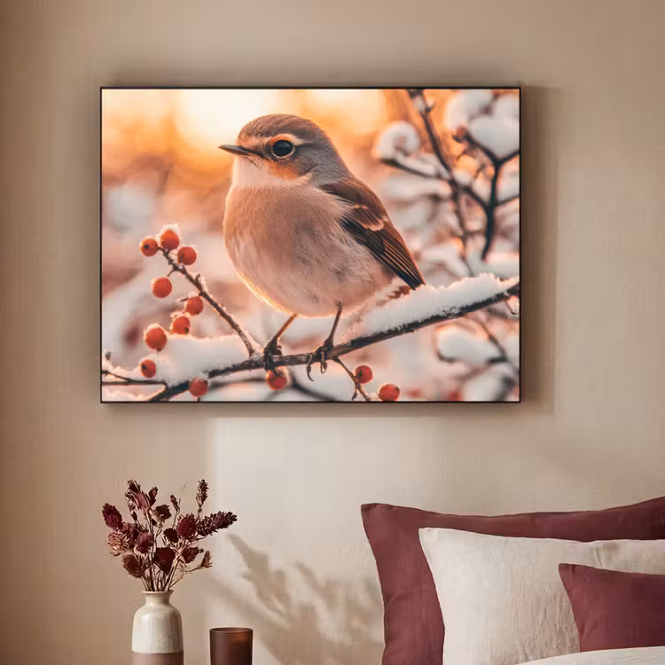 Vogel - Tak - Winter - Dieren - Sneeuw Textielframe zwart klein -sfeer1