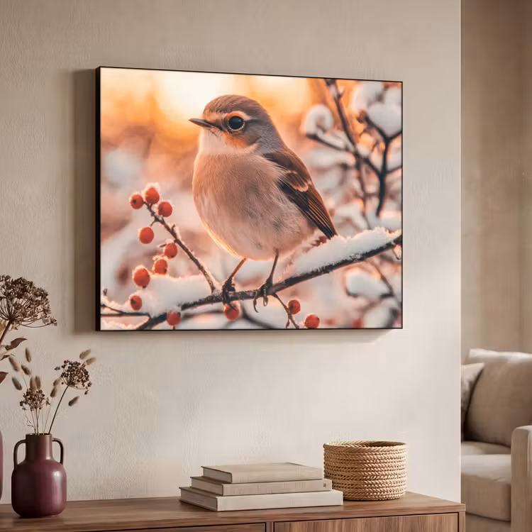 Vogel - Tak - Winter - Dieren - Sneeuw Textielframe - compleet frame klein -sfeer3
