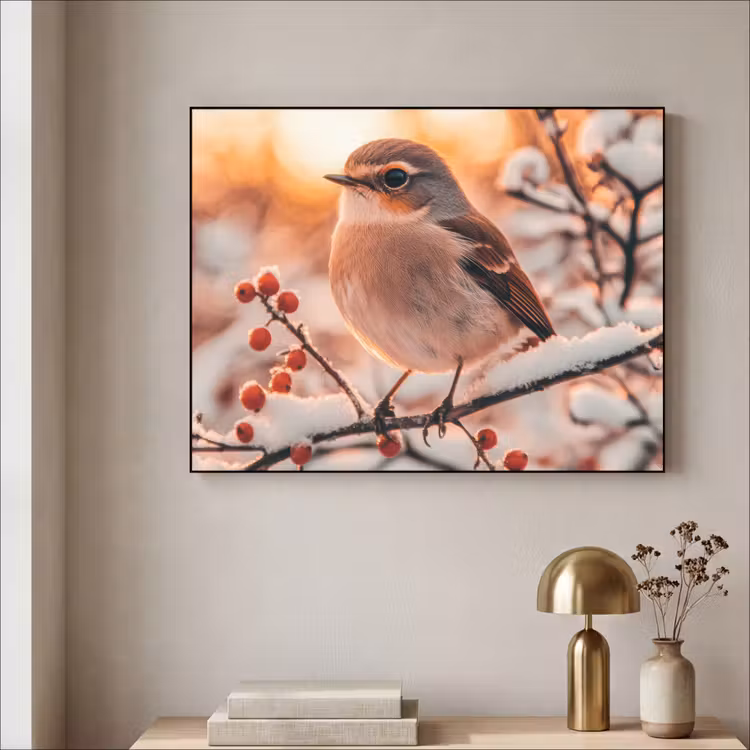 Vogel - Tak - Winter - Dieren - Sneeuw Textielframe zwart klein -sfeer2