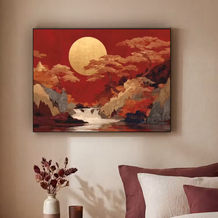 Volle maan - Landschap - Waterval Textielframe zwart klein -sfeer1