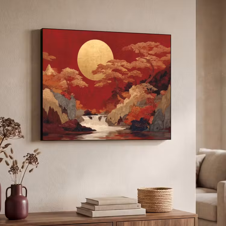 Volle maan - Landschap - Waterval Textielframe - compleet frame klein -sfeer3
