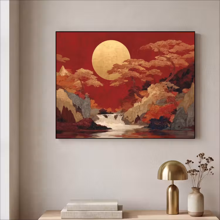 Volle maan - Landschap - Waterval Textielframe zwart klein -sfeer2