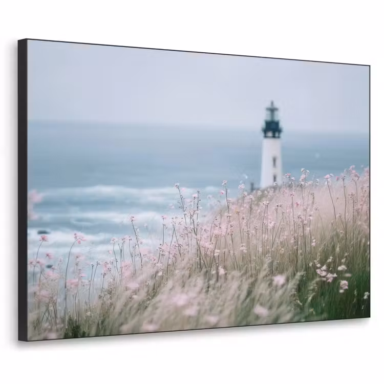 Vuurtoren - Klif - Zee - Bloemen Textielframe zwart klein -3d