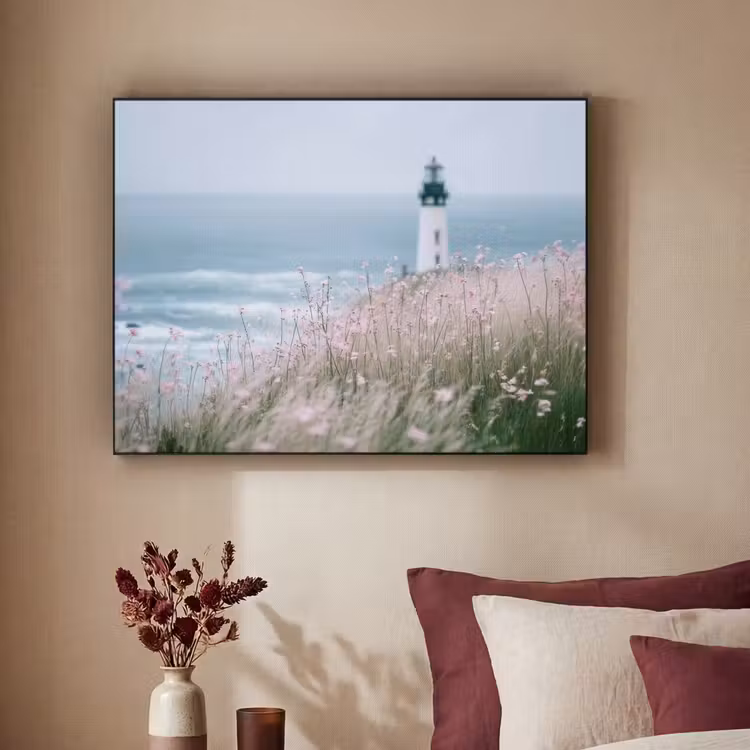 Vuurtoren - Klif - Zee - Bloemen Textielframe zwart klein -sfeer1
