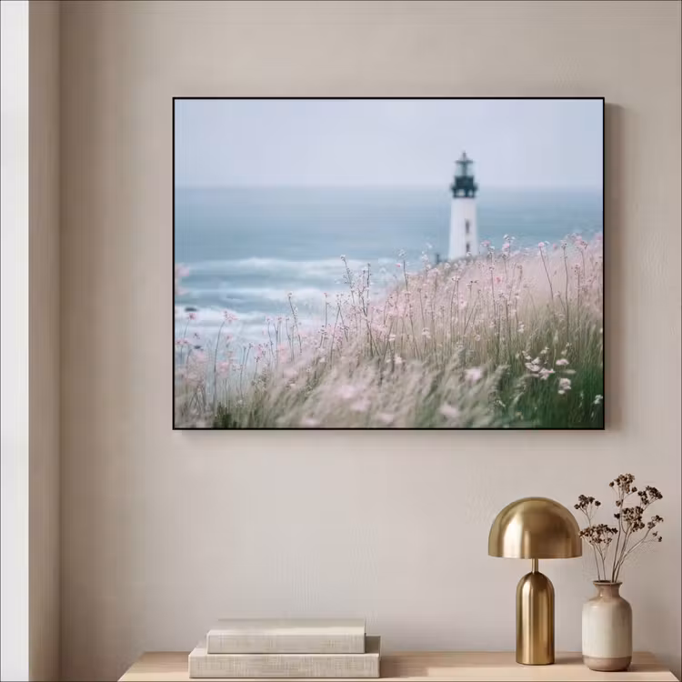 Vuurtoren - Klif - Zee - Bloemen Textielframe - compleet frame klein -sfeer2