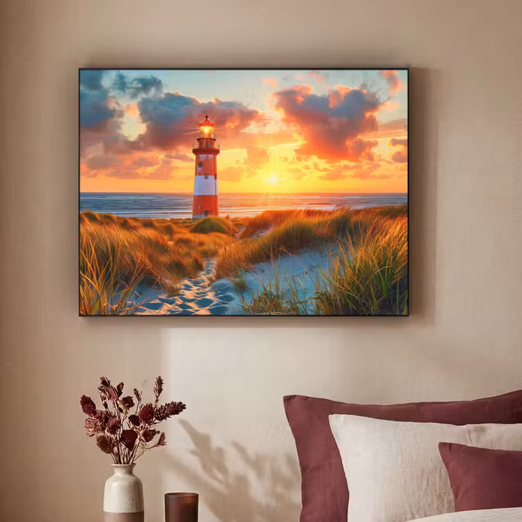 Vuurtoren - Zonsondergang - Duinen - Horizon Textielframe zwart klein -sfeer1