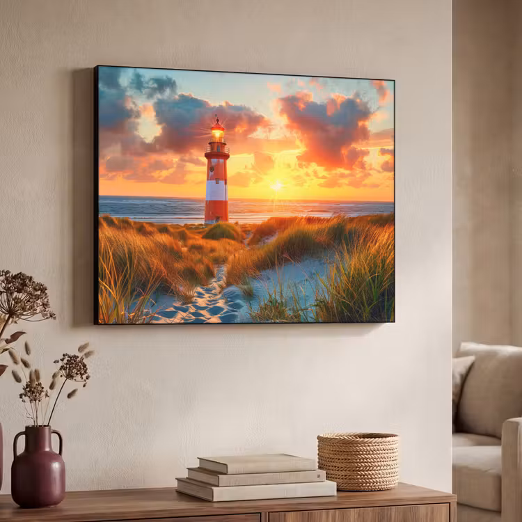 Vuurtoren - Zonsondergang - Duinen - Horizon Textielframe zwart klein -sfeer3
