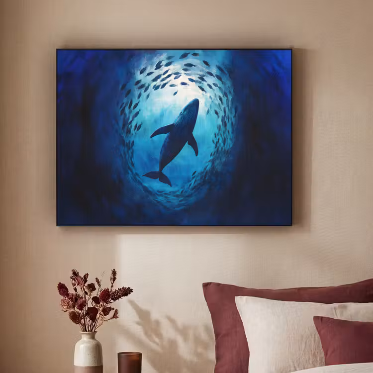 Walvis - Vissen - Donkerblauw Textielframe zwart klein -sfeer1