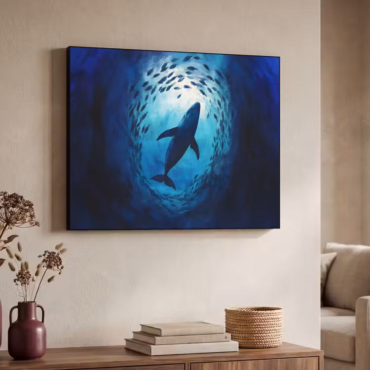Walvis - Vissen - Donkerblauw Textielframe zwart klein -sfeer3