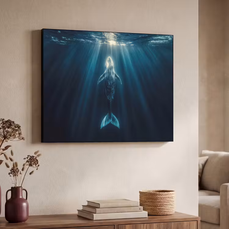 Walvis - Water - Zonnestralen - Blauw Textielframe - compleet frame klein -sfeer3