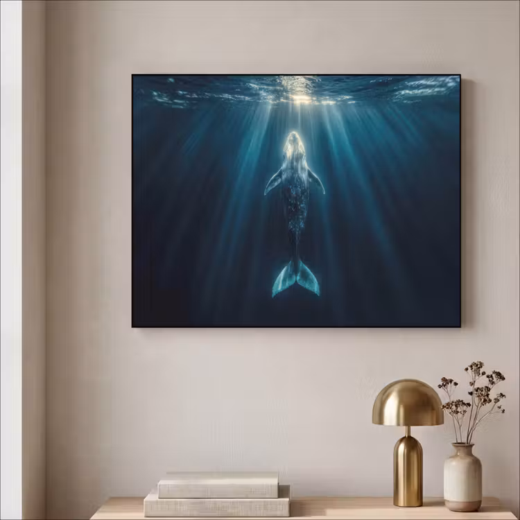 Walvis - Water - Zonnestralen - Blauw Textielframe zwart klein -sfeer2
