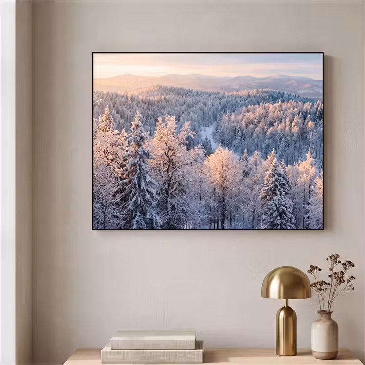 Bos - Bergen - Goud - Winter - Warm Textielframe zwart klein -sfeer2