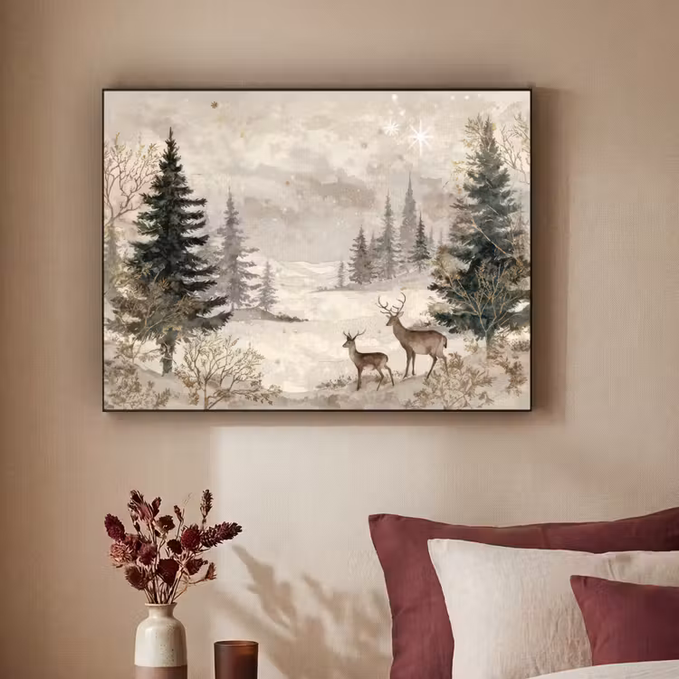 Bos - Herten - Winter - Sneeuw Textielframe - compleet frame klein -sfeer1