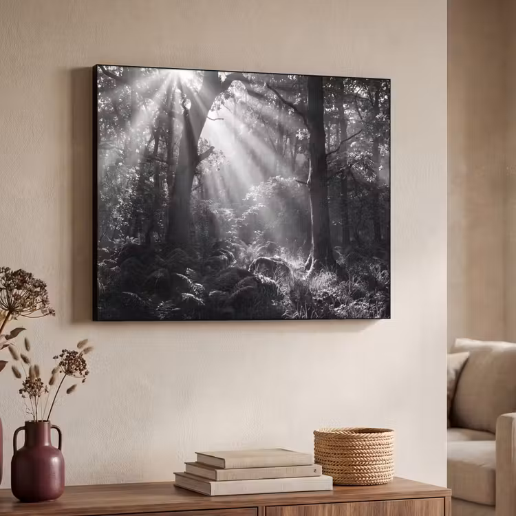 Bos - Lichtstralen - Natuur - Zwart-wit Textielframe zwart klein -sfeer3