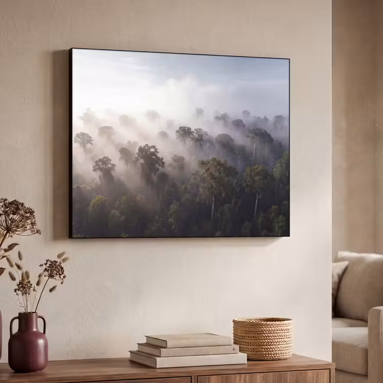Bos - Mist - Natuur - Groen Textielframe zwart klein -sfeer3