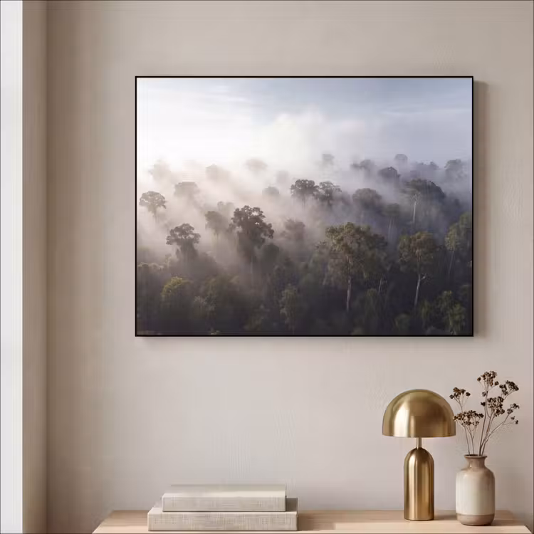 Bos - Mist - Natuur - Groen Textielframe zwart klein -sfeer2