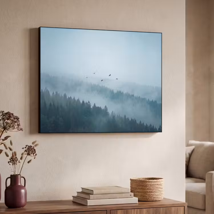 Bos - Mist - Vogels - Natuur - Groen Textielframe zwart klein -sfeer3