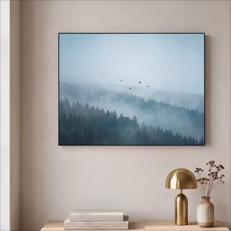 Bos - Mist - Vogels - Natuur - Groen Textielframe zwart klein -sfeer2