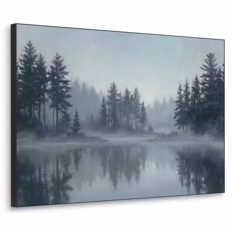 Bos - Meer - Mist - Natuur - Grijs Textielframe zwart klein -3d