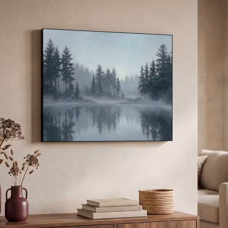 Bos - Meer - Mist - Natuur - Grijs Textielframe zwart klein -sfeer3