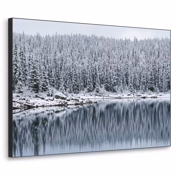 Bos - Reflectie - Meer - Winter - Serene Textielframe zwart klein -3d