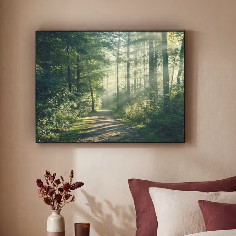Bos - Pad - Zon - Bomen - Groen - Natuur Textielframe zwart klein -sfeer1
